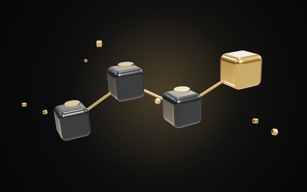 Four 3D cubes linked by gold lines, ending in a gold cube, representing an automated business workflow