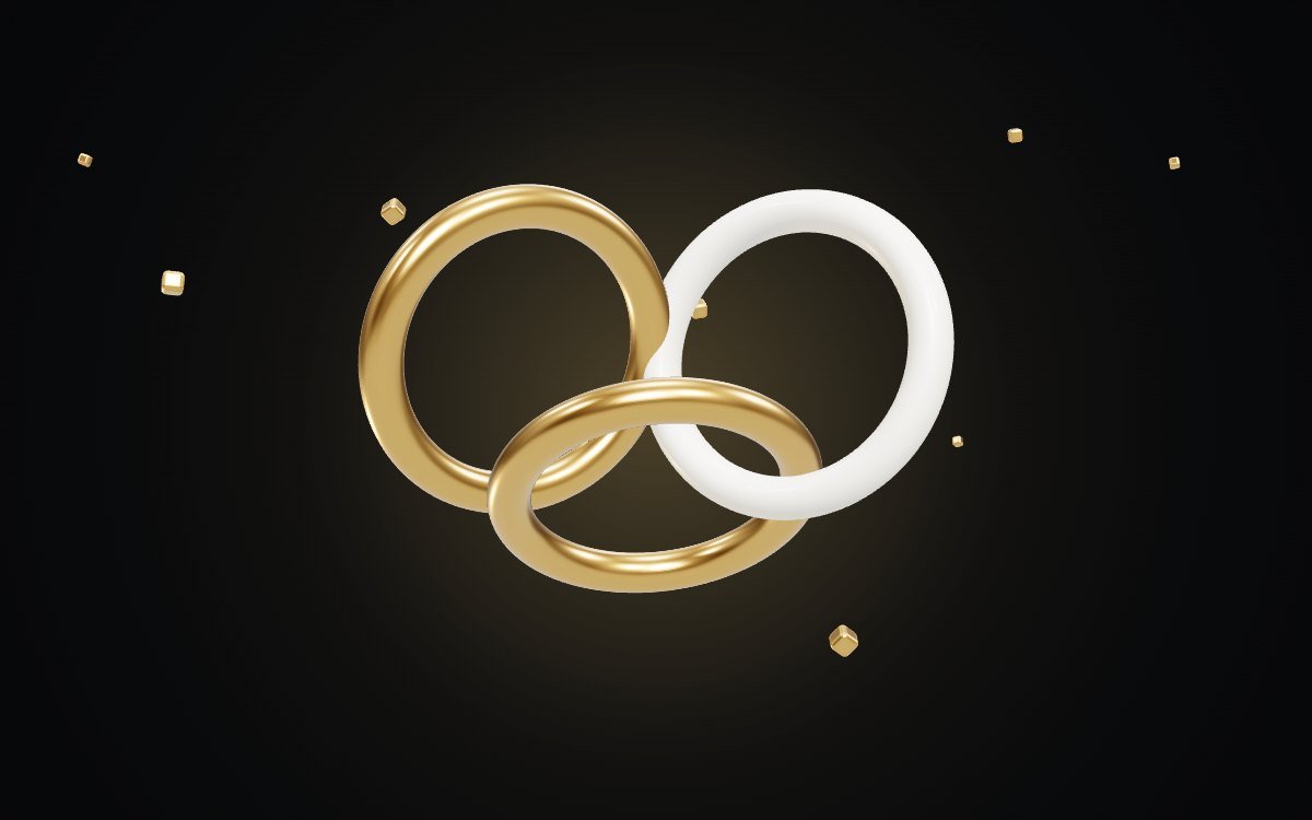 Three interlocking 3D rings, two gold and one white, on a dark background, representing SEO, GEO and AEO working together