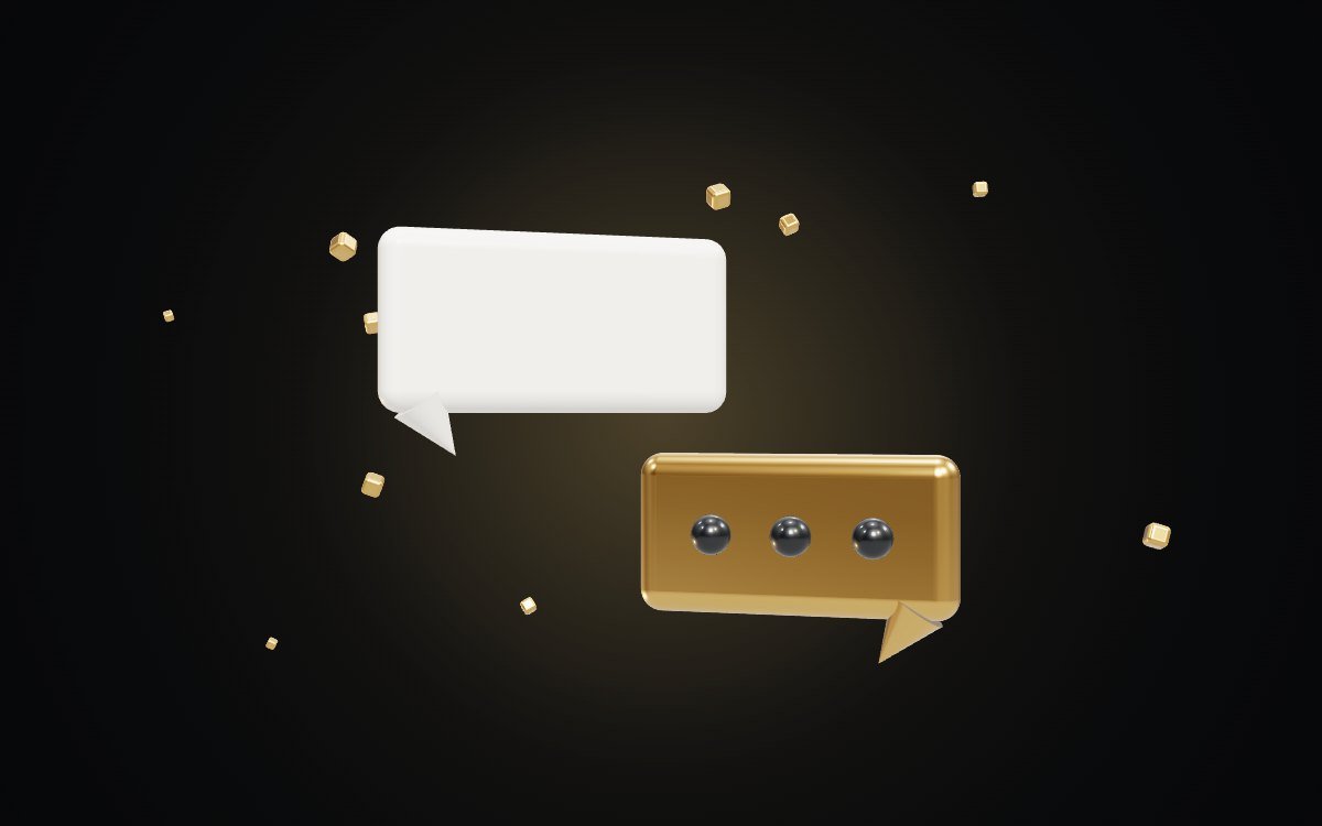 A white and a gold 3D chat bubble on a dark background, representing an AI chatbot replying to customers