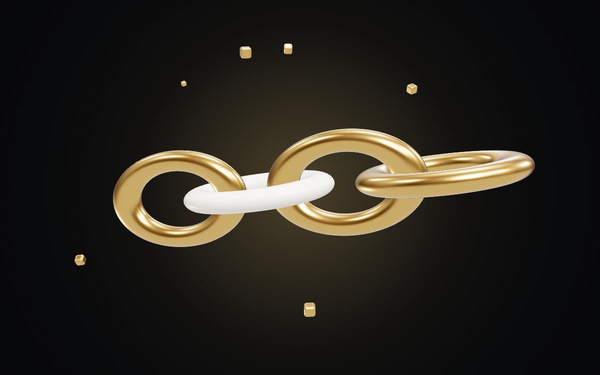 Gold 3D chain links on a dark background, representing backlinks between websites