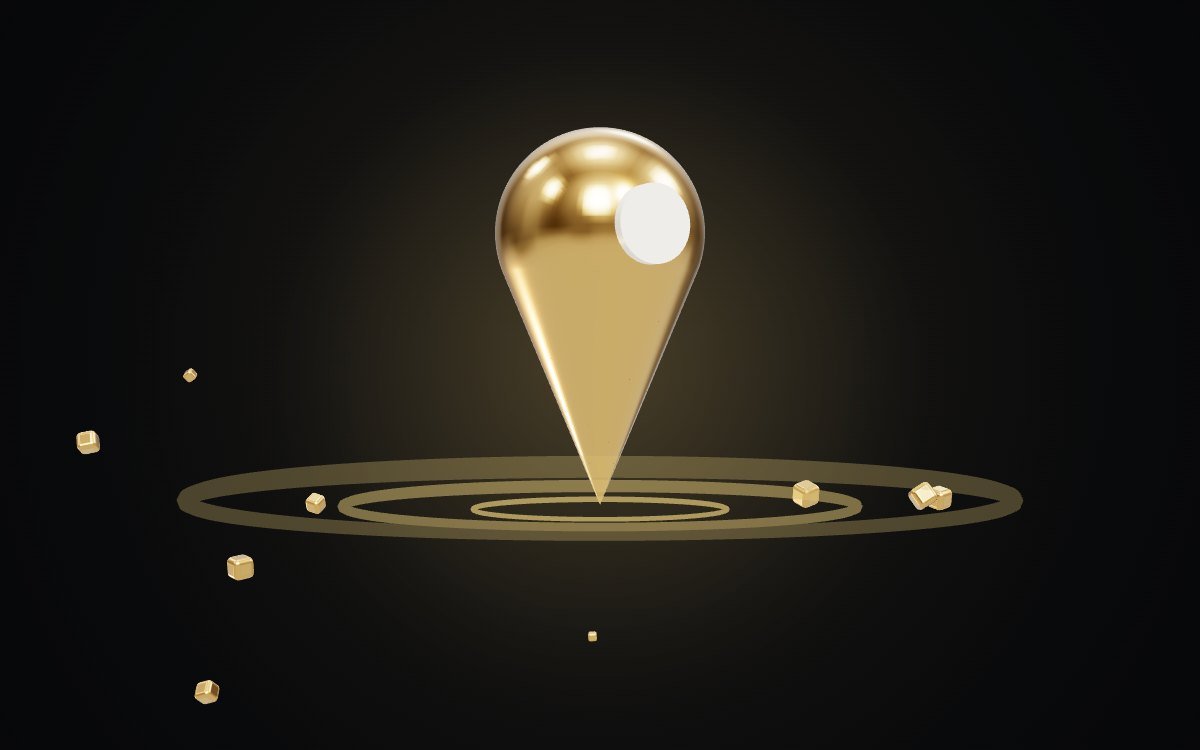 Gold 3D map pin on a dark background, representing a business being found in AI search
